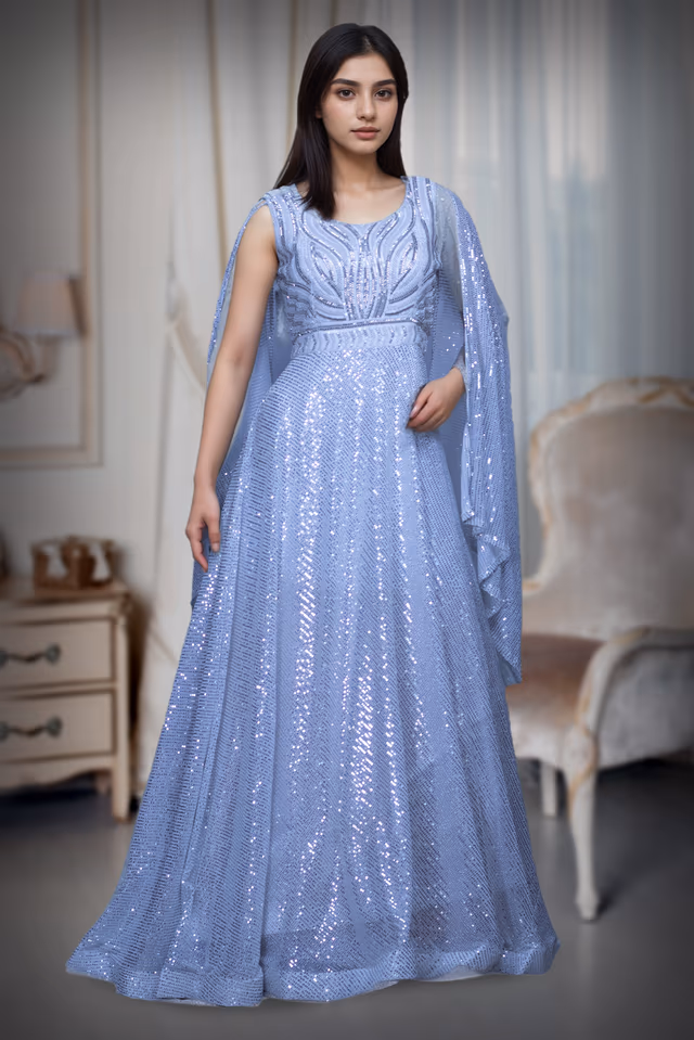 White Sequin Worked Gown With Single Hand Cape Sleeve Details — back view, rent in Coimbatore