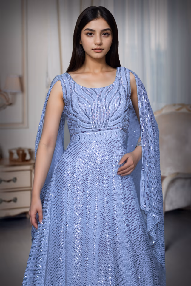White Sequin Worked Gown With Single Hand Cape Sleeve Details — rent in Coimbatore