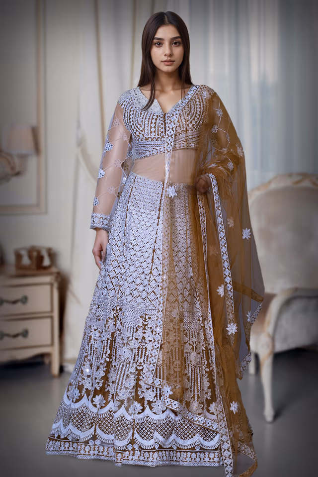 White Threadwork Embellished Dark Ochre Pre Wedding Lehenga — back view, rent in Coimbatore