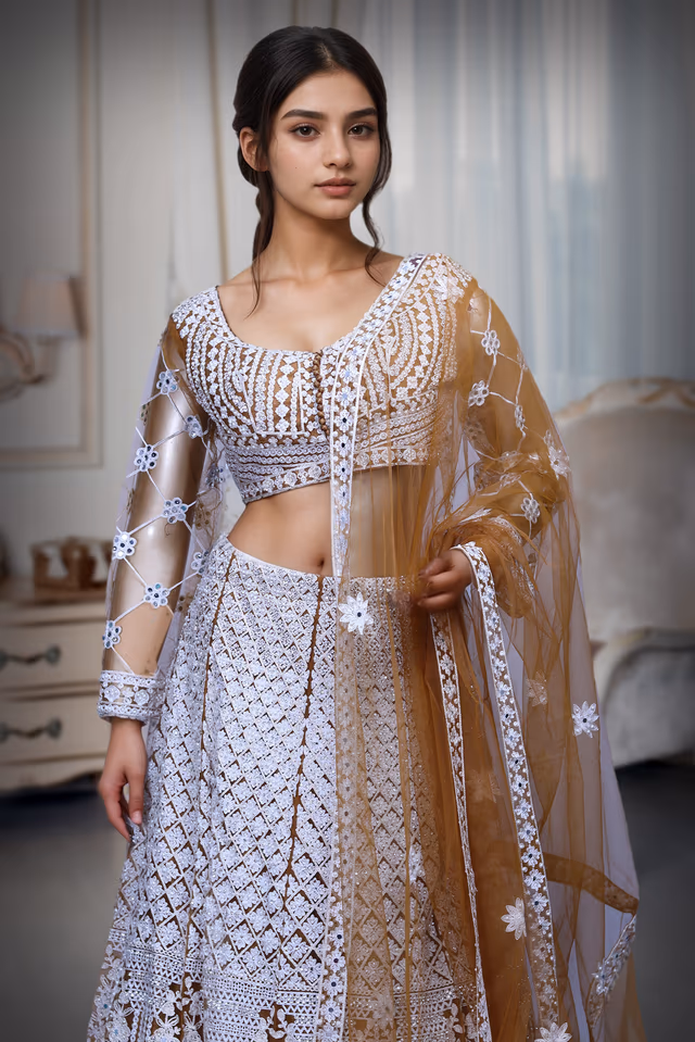 White Threadwork Embellished Dark Ochre Pre Wedding Lehenga — rent in Coimbatore