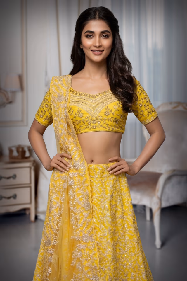 Yellow Colour Jalpari Silk Lehenga — rent in Coimbatore