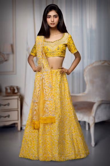Yellow Colour Jalpari Silk Lehenga — back view, rent in Coimbatore