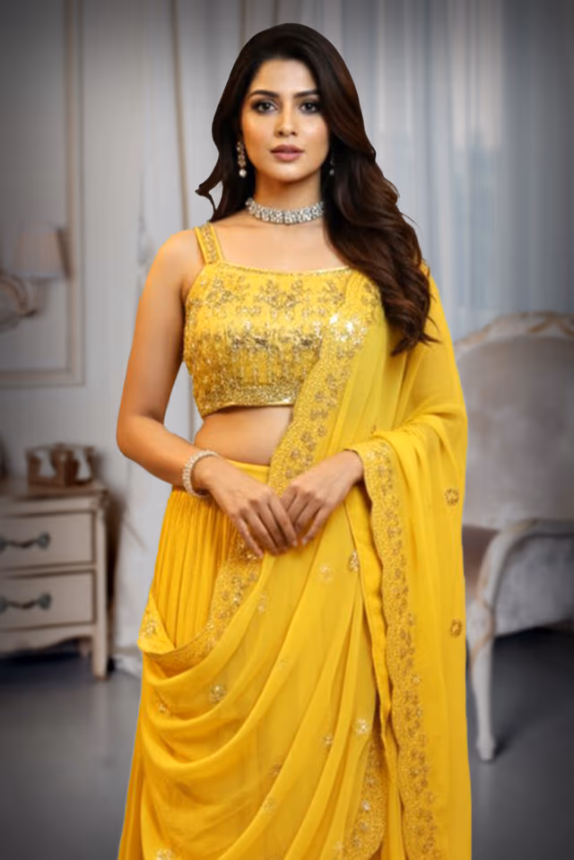 Yellow Embellished Bridal Sharara Set with Golden Stone Details On Pant , Crop Top And Dupatta — rent in Calicut
