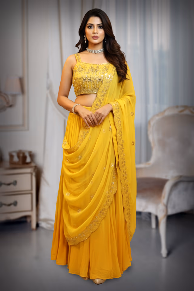 Yellow Embellished Bridal Sharara Set with Golden Stone Details On Pant , Crop Top And Dupatta — back view, rent in Calicut