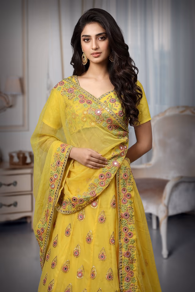 Yellow Georgette Mirror Work And Threadword Embellished Lehenga — rent in Coimbatore