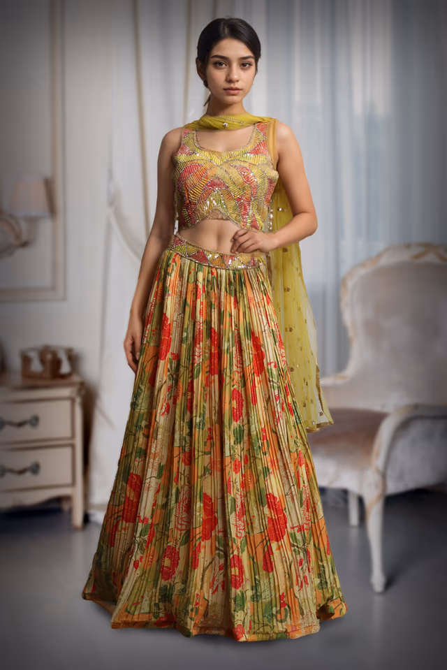 Yellow Multi Color Crop Top Lehenga With Same Color Dupatta — back view, rent in Kochi