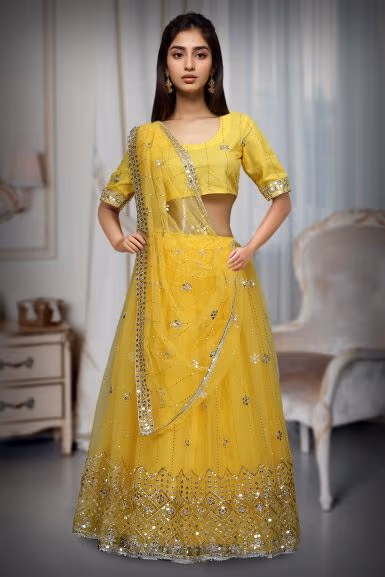 Yellow Net Multi Thread Sequins Work Lehenga With Same Colour Blouse Dupatta — back view, rent in Coimbatore