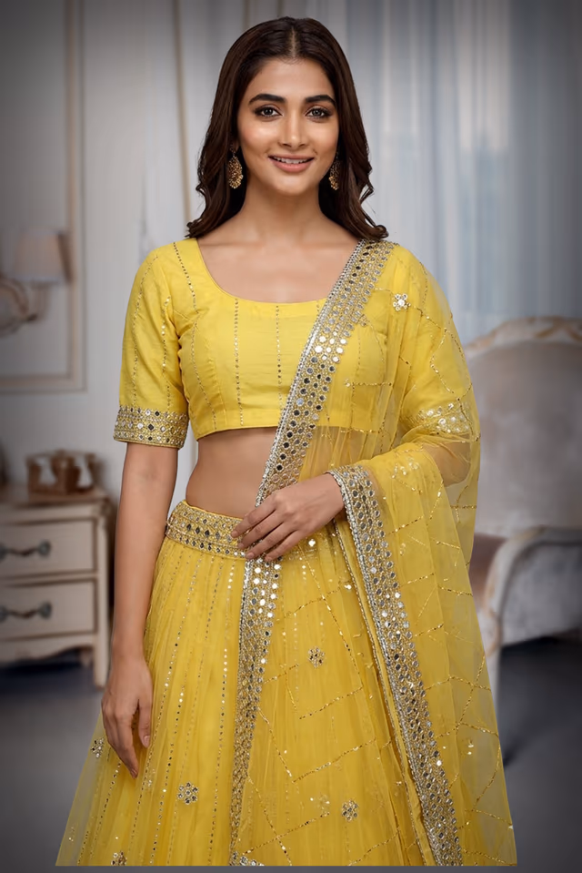 Yellow Net Multi Thread Sequins Work Lehenga With Same Colour Blouse Dupatta — rent in Coimbatore
