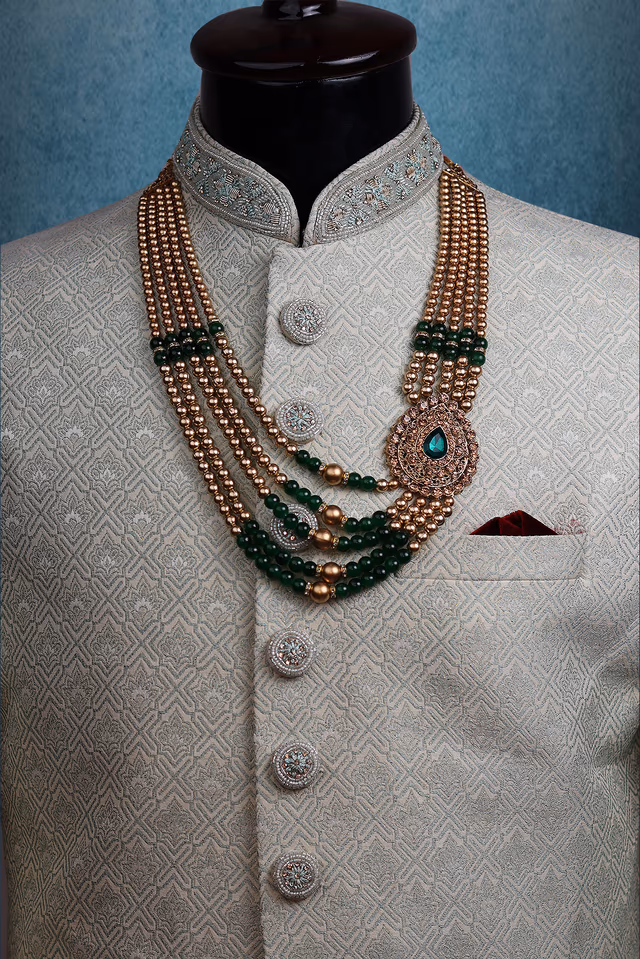 Golden and Dark Green Layered Chain With heavy Side Locket — rent in Bangalore