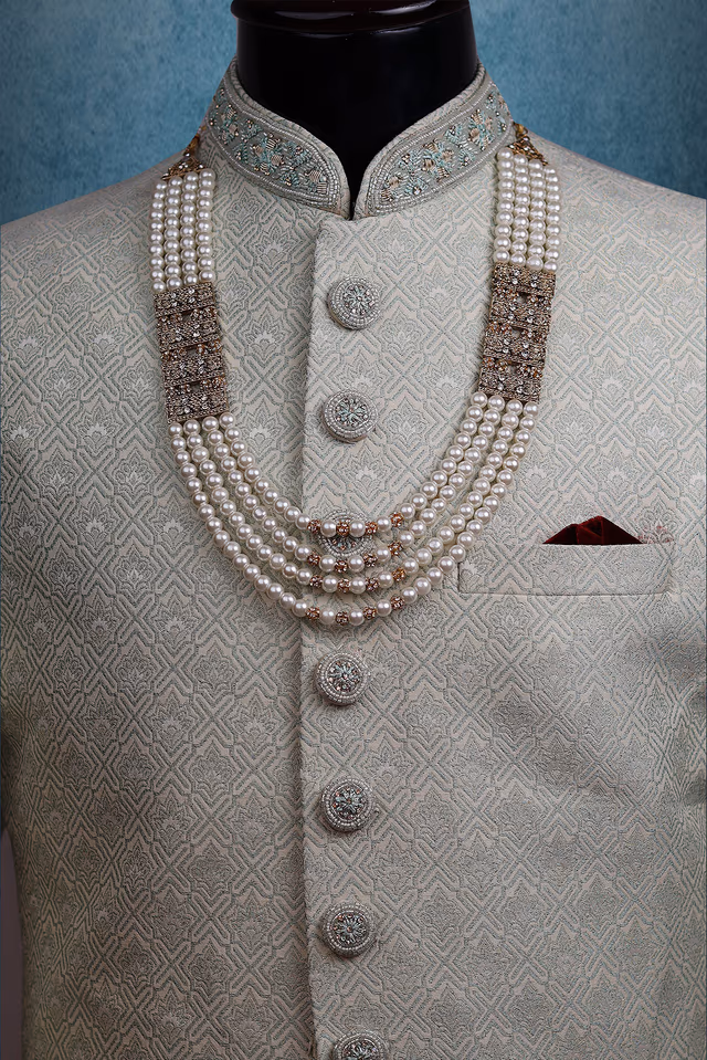 White And Golden Multilayered Mothi Chain — rent in Bangalore
