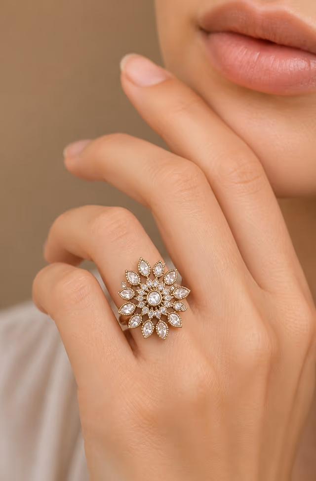 Antique Gold-Plated American Diamond Floral Cocktail Ring with Kundan Polki Accent — rent in Kochi