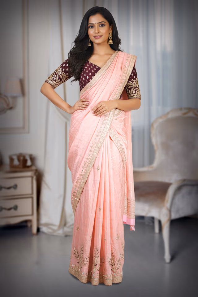 Blush Pink Half Saree With Maroon Blouse — back view, rent in Bangalore
