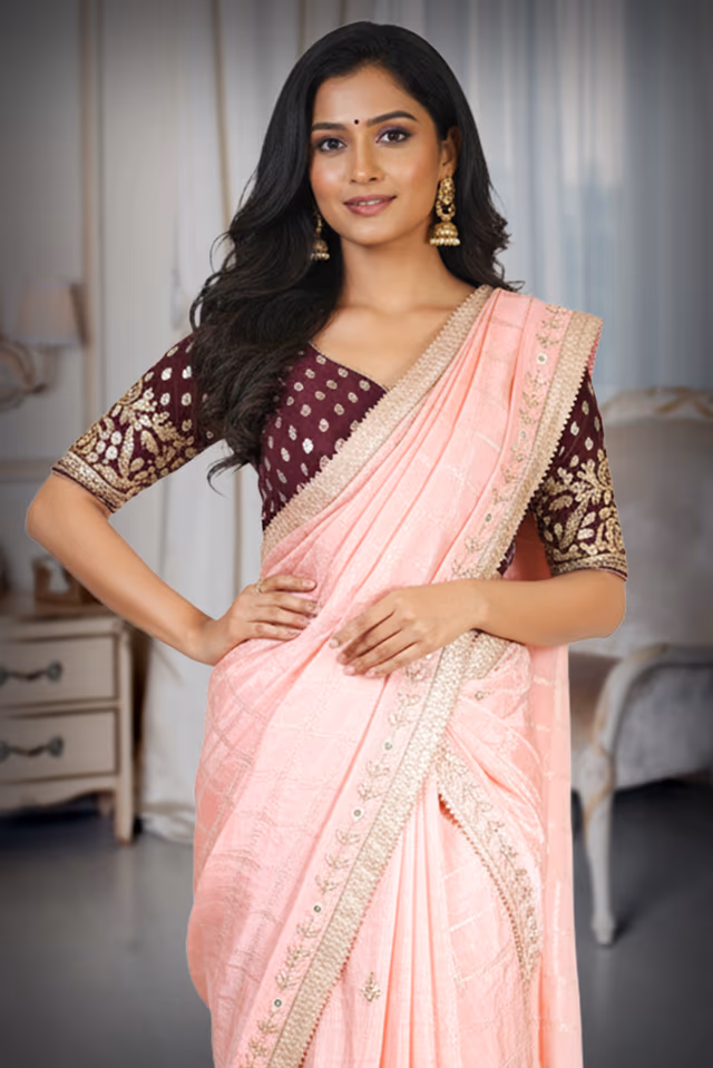 Blush Pink Half Saree With Maroon Blouse — rent in Bangalore