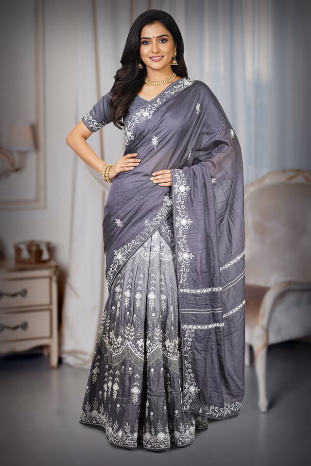Charcoal Grey Half Saree — back view, rent in Bangalore