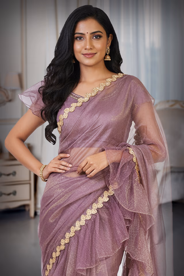 Mauve Organza Ruffle Lehenga Saree — rent in Bangalore