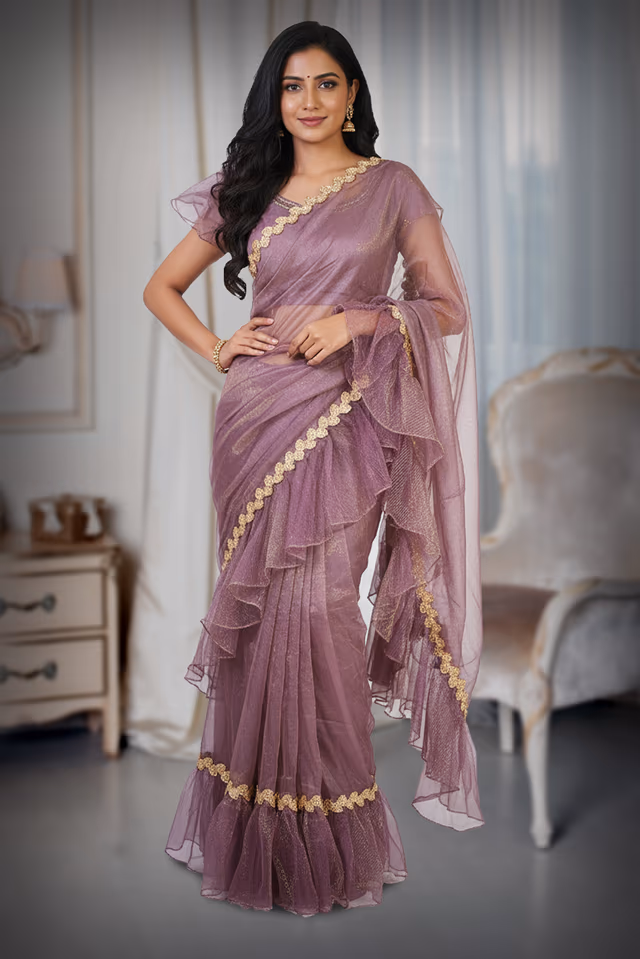 Mauve Organza Ruffle Lehenga Saree — back view, rent in Bangalore