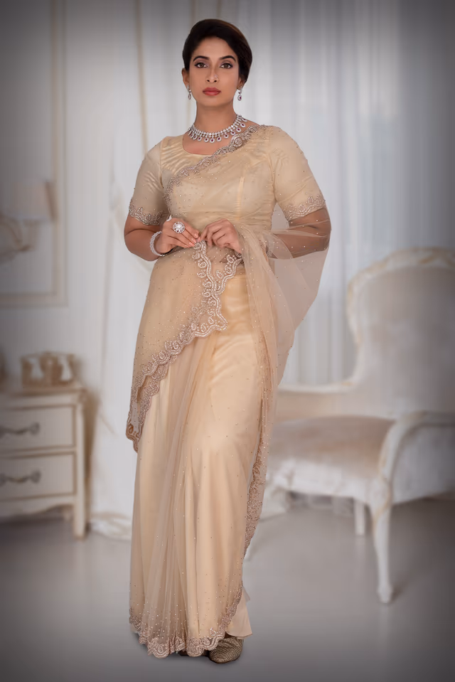 Pastel Peach  Net  Saree — back view, rent in Calicut