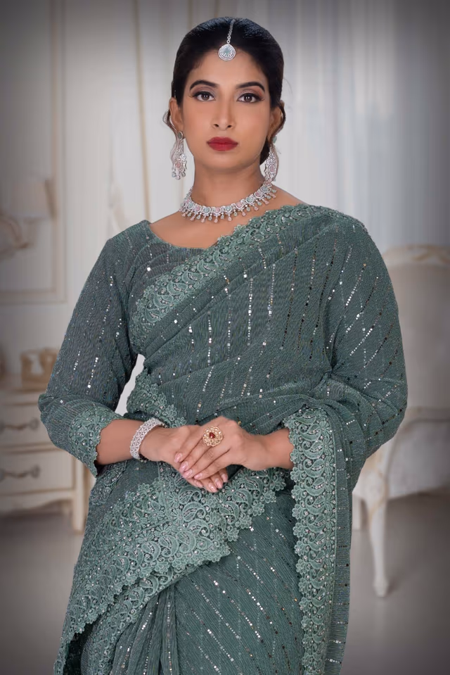Russian Green  Glitter Net  Saree — rent in Calicut