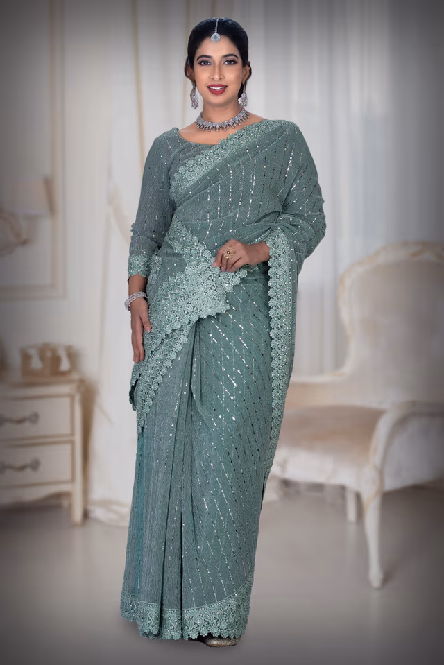 Russian Green  Glitter Net  Saree — back view, rent in Calicut