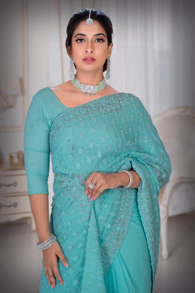 Sea Green  Georgette  Saree — rent in Calicut