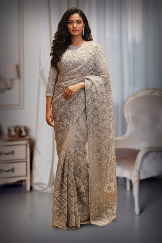 Elegant Silk Saree with Intricate Zari and Resham Embroidery. — rent in Kochi
