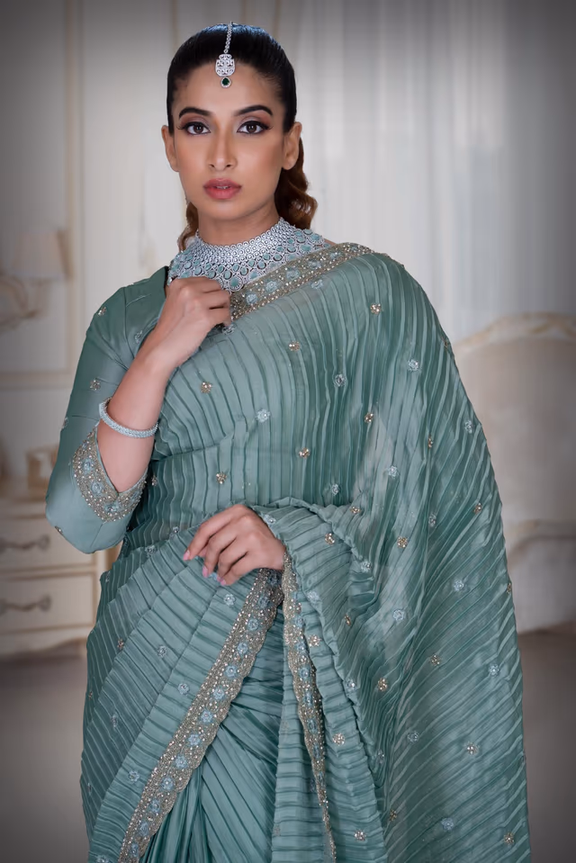 Turquoise Blue Pleated Silk Saree — rent in Calicut