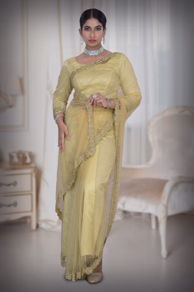 Yellow Net Saree — back view, rent in Calicut