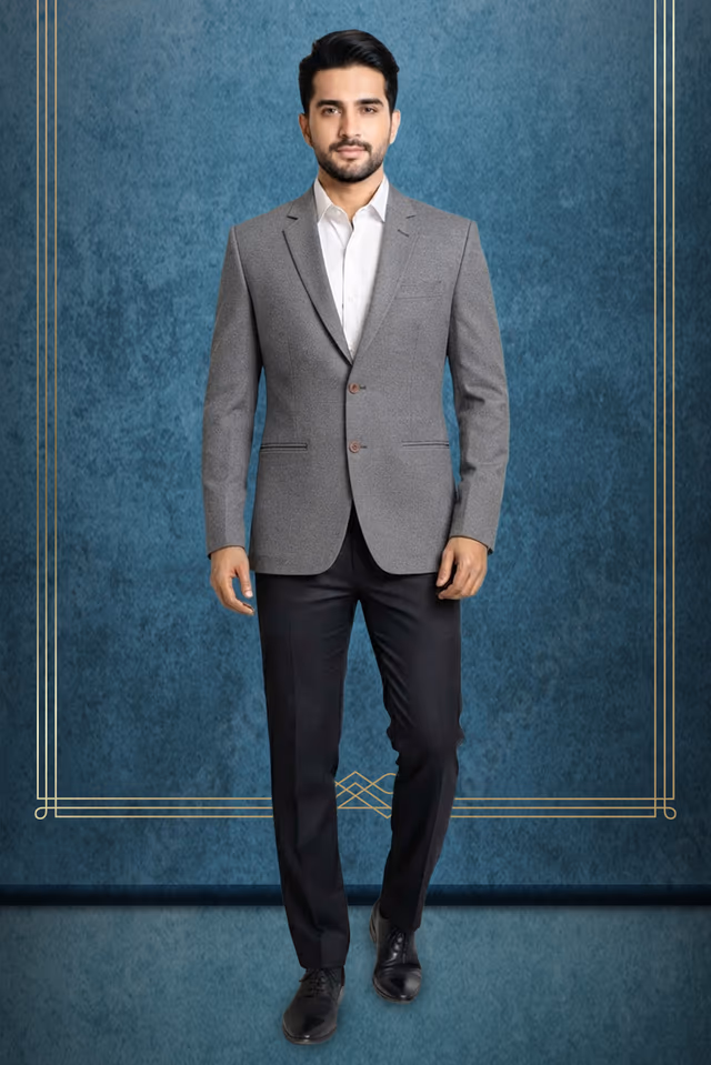 Grey Self-Woven Blazer with Contemporary Office Pattern — rent in Bangalore