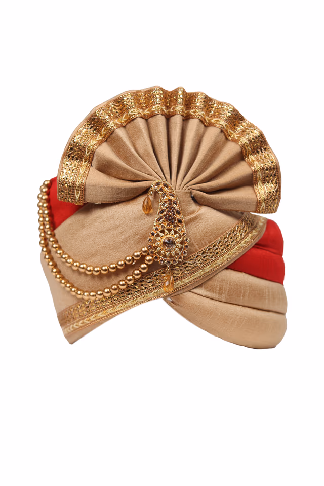 Hot Red And Beige Double Coloured  Turban With Golden Border And Golden Beads Embellishment — rent in Calicut