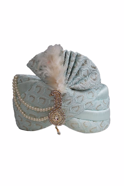 Light Blue Sequin Work Turban With Mothi and Feather Embellishment — rent in Bangalore