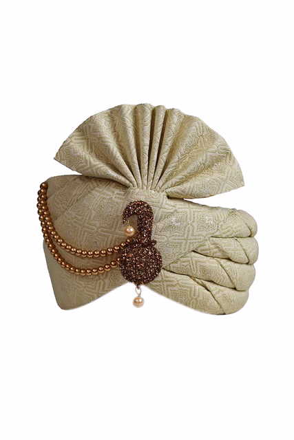 Light Ivory Golden Combination Turban With Golden Mothis — rent in Bangalore