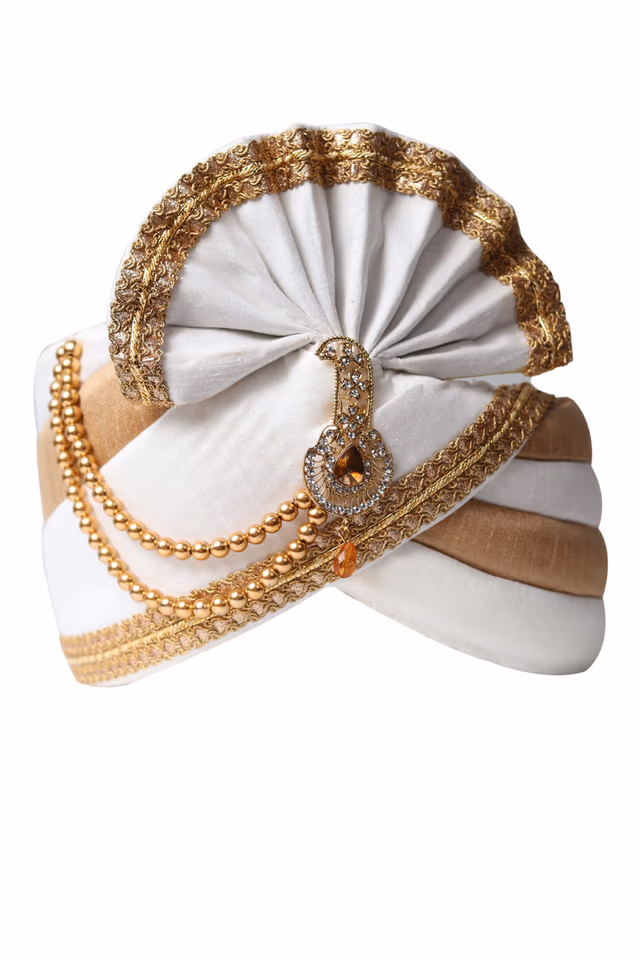 Pure White And Golden Interlined Turban With Golden Border and Beads Embellishment — rent in Calicut