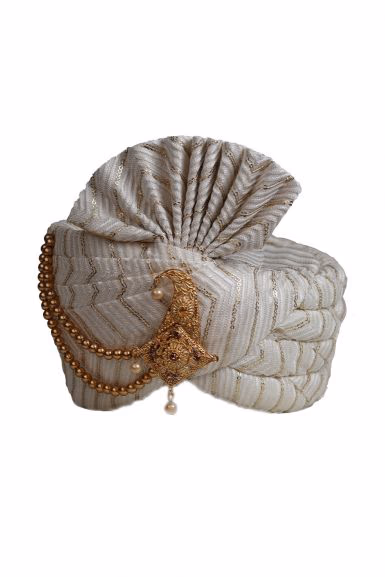 White and Golden Stripe Textured Turban With Golden Mothi Embellishment — rent in Bangalore