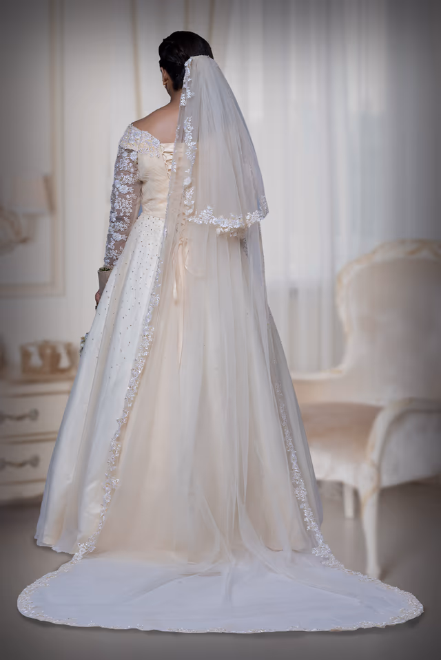Champagne priental lace work net veil — back view, rent in Calicut