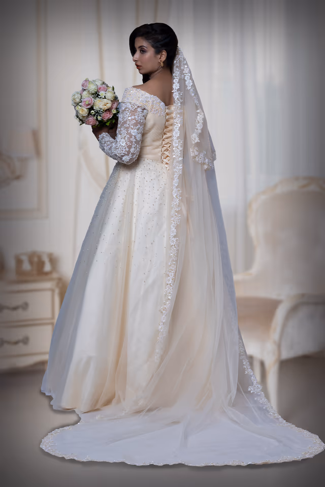 Champagne priental lace work net veil — rent in Calicut