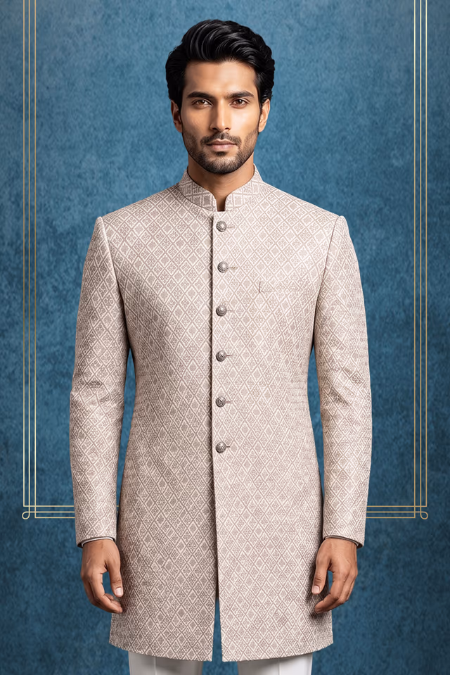 Greyish Sherwani with Self-Embossed Diamond and Geometric Pattern Work — back view, rent in Bangalore