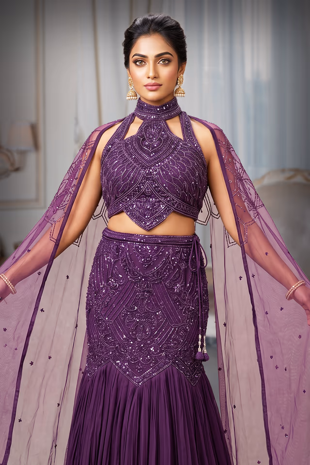 Halter Necked Royal Purple Fishcut Lehanga — rent in Calicut