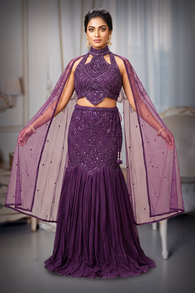 Halter Necked Royal Purple Fishcut Lehanga — back view, rent in Calicut