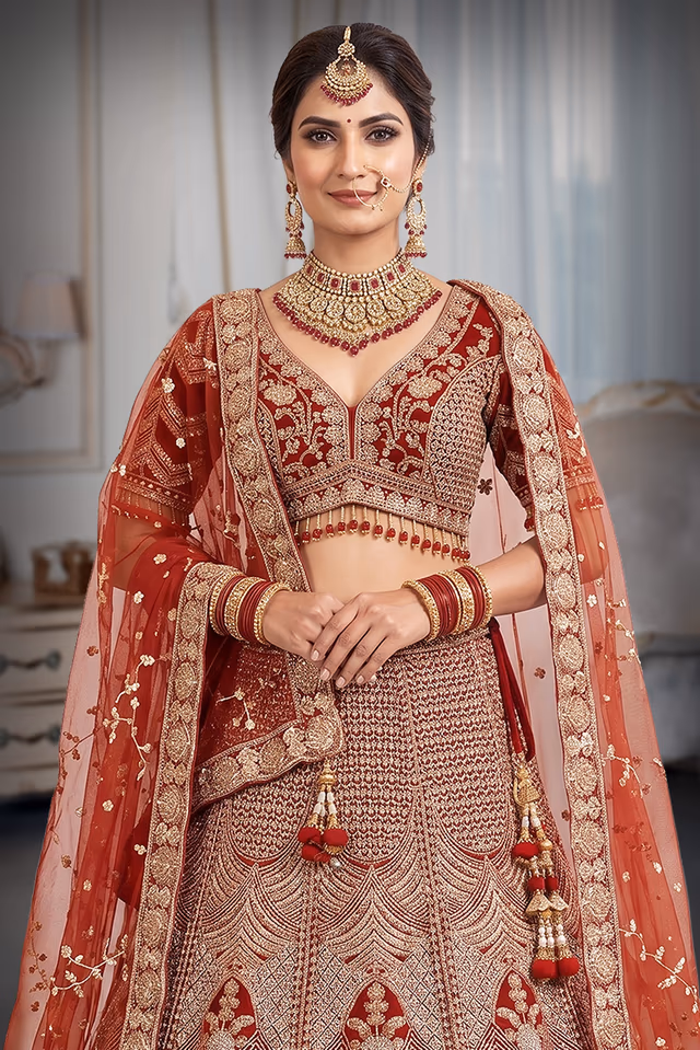 Heavily Embellished Rust Crimson Net & Silk Bridal Lehenga Choli with Zardosi and Beadwork — rent in Kochi