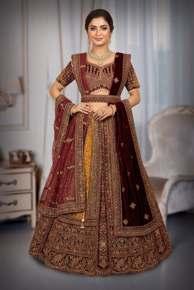 Heavy Designer Embroidered Bridal Velvet Lehenga Choli Set — back view, rent in Coimbatore