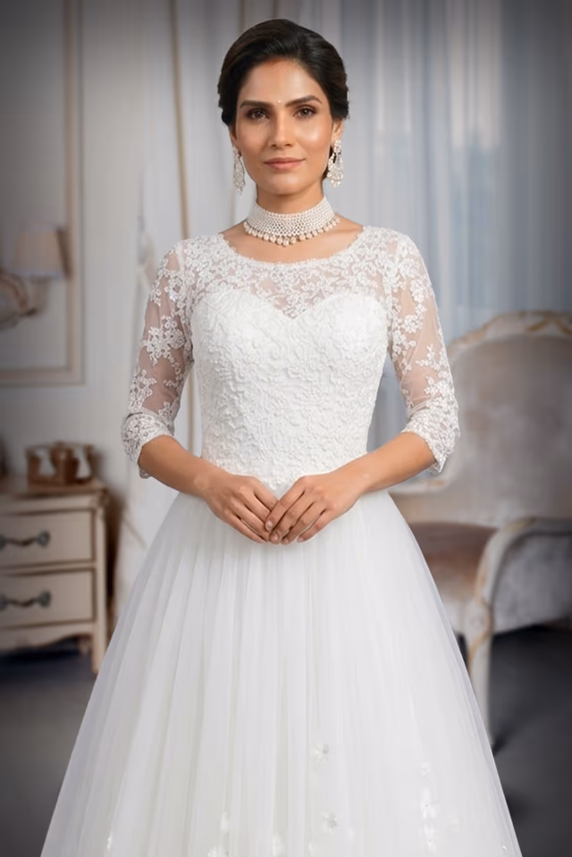 Heavy Handworked White Gown With Heavy Lacework Details On Front And Back Yoke Along With Sleeves — rent in Bangalore
