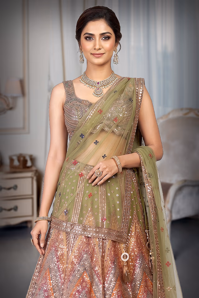 Heavy Mirror Worked Multicolour Lehenga With Maximalist Detailed Blouse — rent in Coimbatore