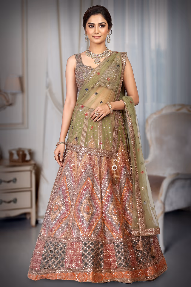 Heavy Mirror Worked Multicolour Lehenga With Maximalist Detailed Blouse — back view, rent in Coimbatore