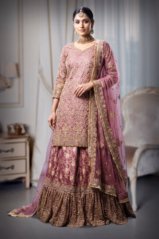 Heavy Stone Farsi Anarkali Lehenga In Dusty Pink Colour With Long Tail , Skirt And Same Colour… — back view, rent in Calicut