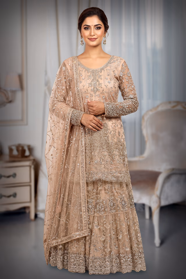 Heavy Stone Farsi Anarkali Lehenga In Pale Pink Colour With Long Tail , Skirt And Same Colour… — back view, rent in Calicut