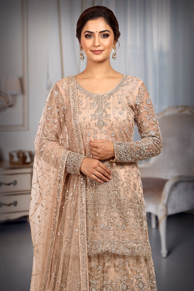 Heavy Stone Farsi Anarkali Lehenga In Pale Pink Colour With Long Tail , Skirt And Same Colour Dupatta — rent in Calicut