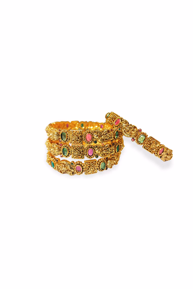 "Heritage Antique Gold Multi Gemstone Temple Kada Designer Bangle Stack  " — rent in Calicut