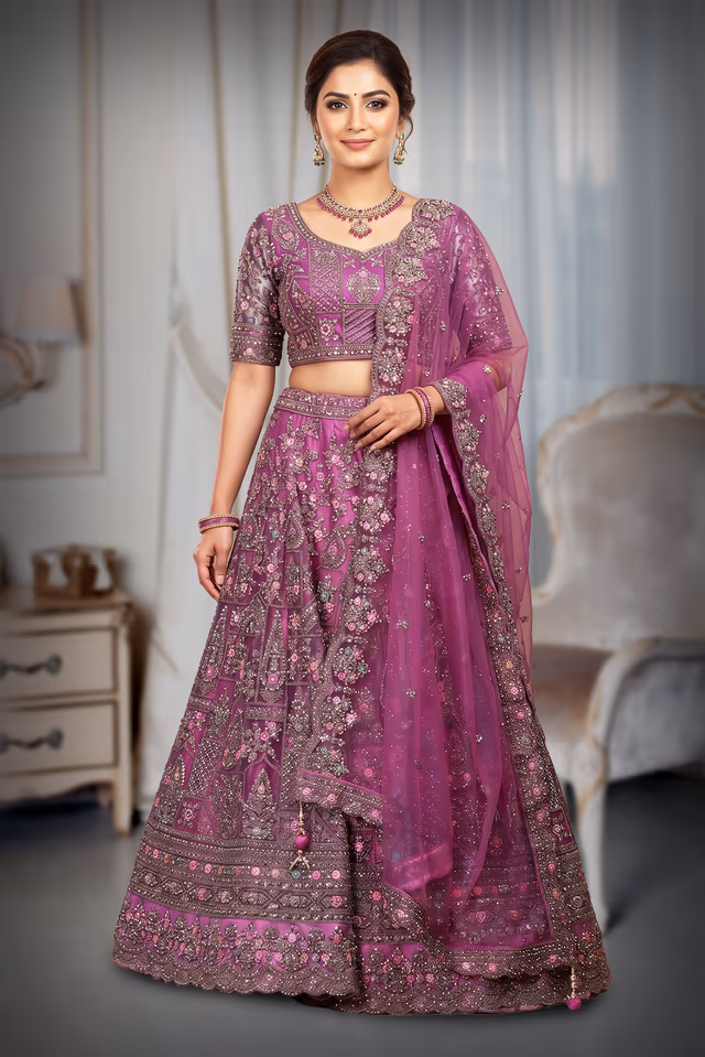 Hot Pink Bridal Lehenga With Detailed Embroidery, Crop Top Along With Same Color Dupatta — back view, rent in Calicut