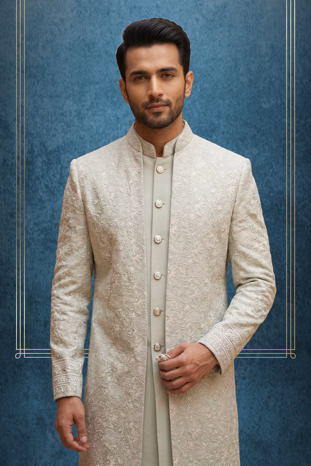 Exquisite Gin Green Sherwani Featuring Vintage Metallic Buttons — back view, rent in Calicut
