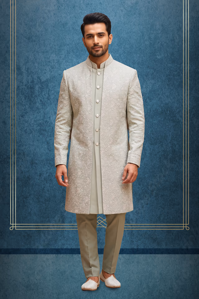 Exquisite Gin Green Sherwani Featuring Vintage Metallic Buttons — rent in Calicut